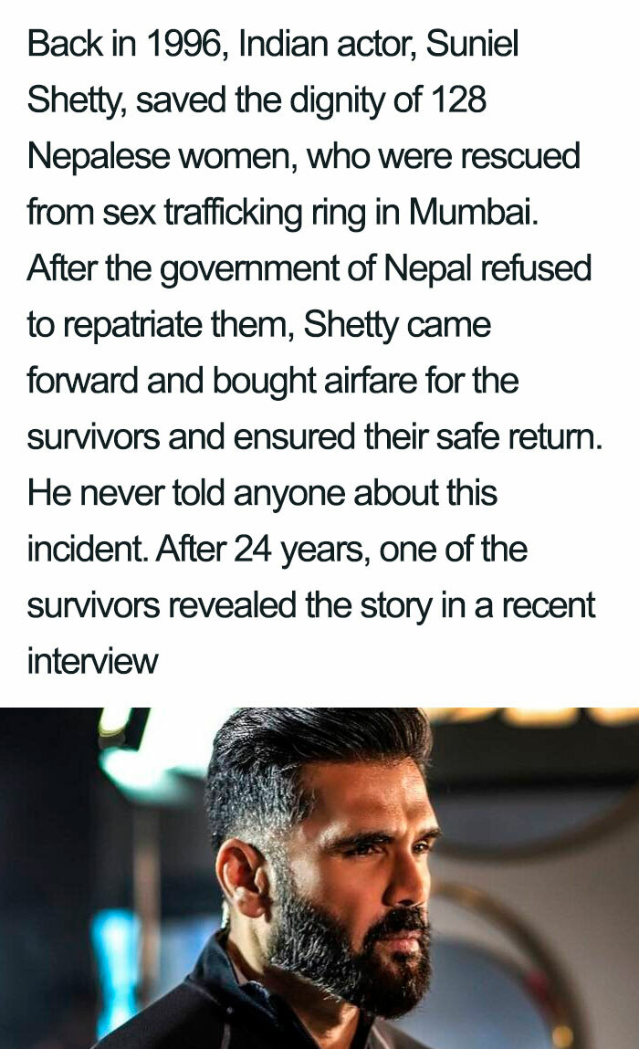 photo caption - Back in 1996, Indian actor, Suniel Shetty, saved the dignity of 128 Nepalese women, who were rescued from sex trafficking ring in Mumbai. After the government of Nepal refused to repatriate them, Shetty came forward and bought airfare for 