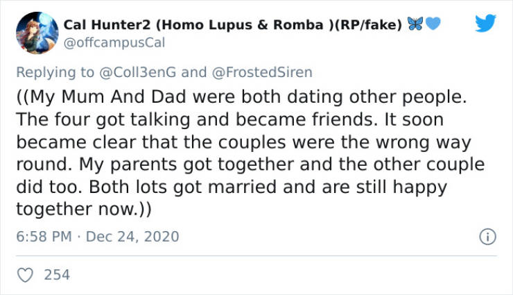 Data warehouse - Cal Hunter2 Homo Lupus & Romba Rpfake and My Mum And Dad were both dating other people. The four got talking and became friends. It soon became clear that the couples were the wrong way round. My parents got together and the other couple 