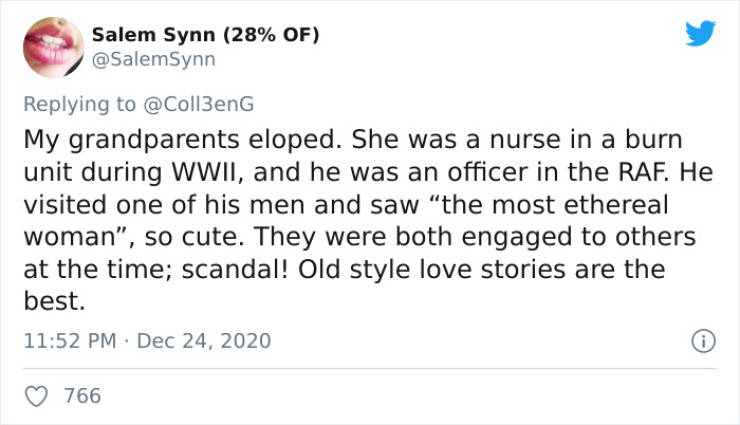 Raden Rauf - Salem Synn 28% Of Synn My grandparents eloped. She was a nurse in a burn unit during Wwii, and he was an officer in the Raf. He visited one of his men and saw "the most ethereal woman", so cute. They were both engaged to others at the time; s