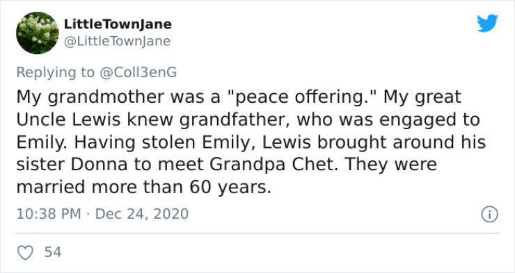 rt if you miss pangea - Little TownJane Little Townjane My grandmother was a "peace offering." My great Uncle Lewis knew grandfather, who was engaged to Emily. Having stolen Emily, Lewis brought around his sister Donna to meet Grandpa Chet. They were marr