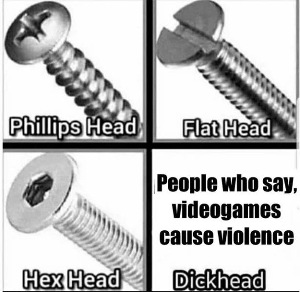 funny memes - Phillips Head Flat Head People who say, video games cause violence Hex Head Dickhead