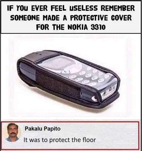 funny memes - if you ever feel useless remember someone made a cover for a nokia 3310 - If You Ever Feel Useless Remember Someone Made A Protective Cover For The Nokia 3310 Pakalu Papito It was to protect the floor