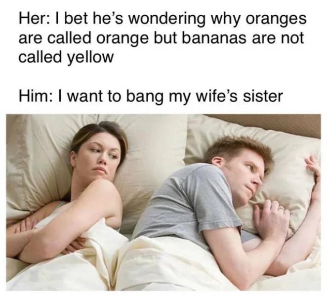 funny memes - Her I bet he's wondering why oranges are called orange but bananas are not called yellow Him I want to bang my wife's sister