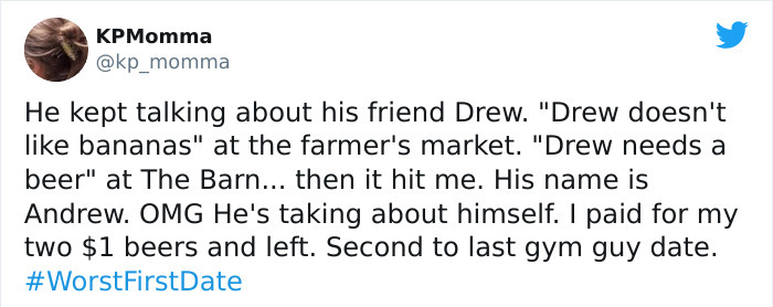 paper - KPMomma He kept talking about his friend Drew. "Drew doesn't bananas" at the farmer's market. "Drew needs a beer" at The Barn... then it hit me. His name is Andrew. Omg He's taking about himself. I paid for my two $1 beers and left. Second to last