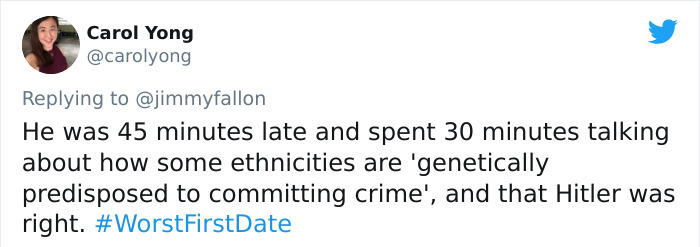 quotes - Carol Yong He was 45 minutes late and spent 30 minutes talking about how some ethnicities are 'genetically predisposed to committing crime', and that Hitler was right.