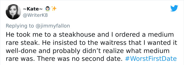 paper - Kate 8 He took me to a steakhouse and I ordered a medium rare steak. He insisted to the waitress that I wanted it welldone and probably didn't realize what medium rare was. There was no second date.