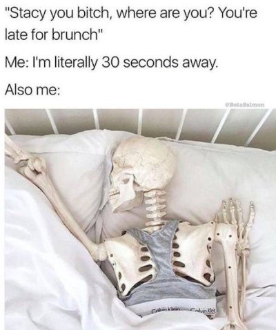 Internet meme - "Stacy you bitch, where are you? You're late for brunch" Me I'm literally 30 seconds away. Also me BetaSalmon C Calvin Kle