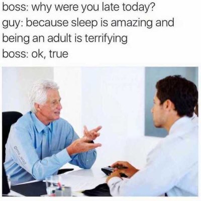 office work memes - boss why were you late today? guy because sleep is amazing and being an adult is terrifying boss ok, true Om wod
