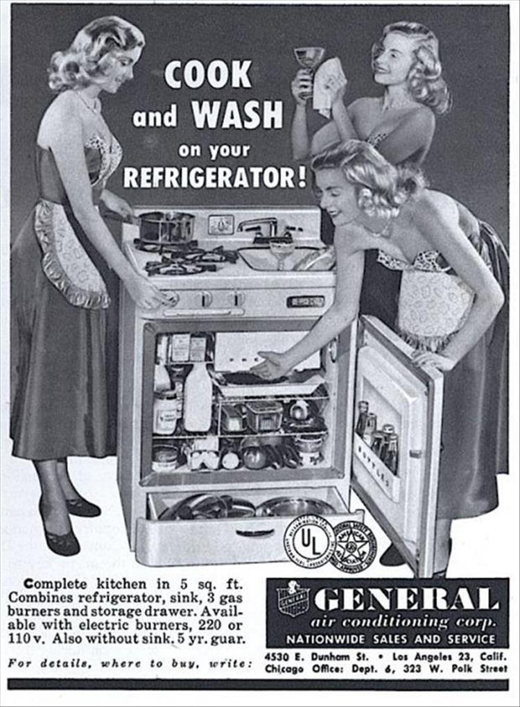 vintage products - Cook and Wash on your Refrigerator! Ud Prend Chibo Inilad Complete kitchen in 5 sq. ft. Combines refrigerator, sink, 3 gas General burners and storage drawer. Avail able with electric burners, 220 or air conditioning corp. 110 v. Also w