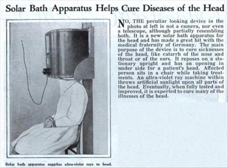 solar bath - Solar Bath Apparatus Helps Cure Diseases of the Head N O, The peculiar looking device in the photo at left is not a camera, nor even a telescope, although partially resembling both. It is a new solar bath apparatus for the head and has made a