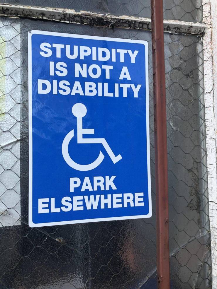 street sign - Stupidity Is Not A Disability Park Elsewhere