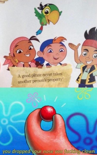 disney pirate meme - A good pirate never takes another person's property! you dropped your nose you fucking clown