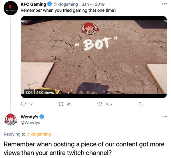 material - Ooo Kfc Gaming . Remember when you tried gaming that one time? KofConsole Bot" 43K views 17 t2 95 785 1 000 Wendy's Remember when posting a piece of our content got more views than your entire twitch channel?
