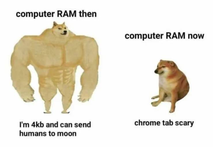 swole doge vs cheems - computer Ram then computer Ram now I'm 4kb and can send humans to moon chrome tab scary