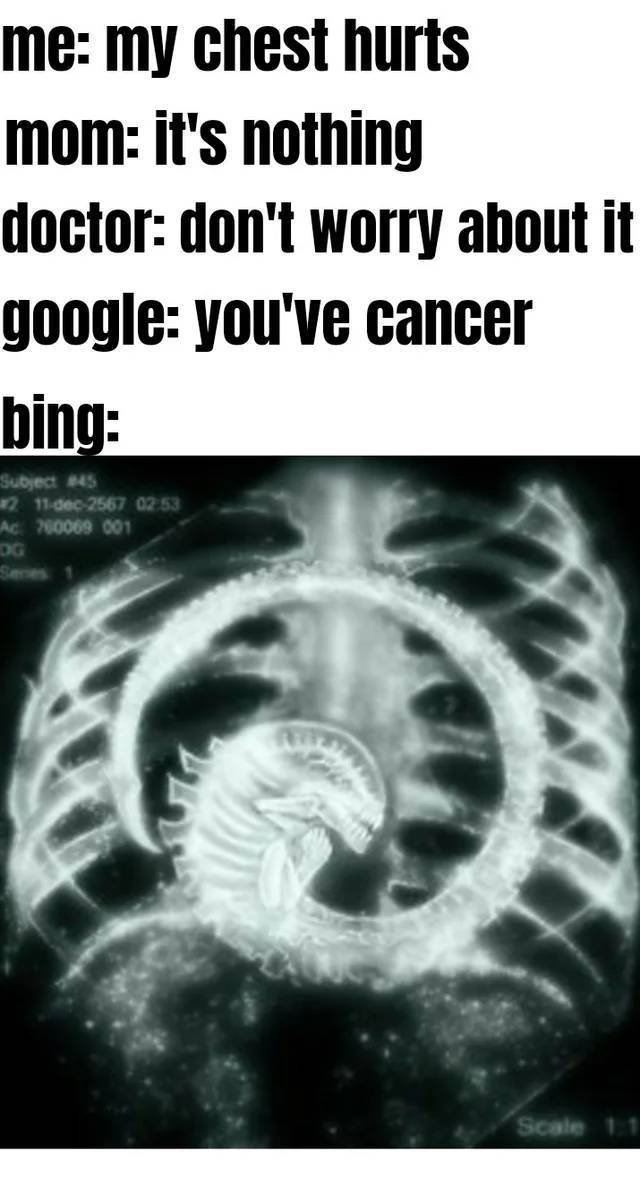 covid negative meme - me my chest hurts mom it's nothing doctor don't worry about it google you've cancer bing Subject 211. Ac 60069 001 Scale 11