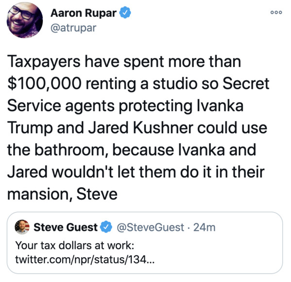 ahmadinejad nipsey hussle - 000 Aaron Rupar Taxpayers have spent more than $100,000 renting a studio so Secret Service agents protecting Ivanka Trump and Jared Kushner could use the bathroom, because Ivanka and Jared wouldn't let them do it in their mansi