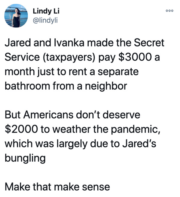 angle - Ooo Lindy Li Jared and Ivanka made the Secret Service taxpayers pay $3000 a month just to rent a separate bathroom from a neighbor But Americans don't deserve $2000 to weather the pandemic, which was largely due to Jared's bungling Make that make 