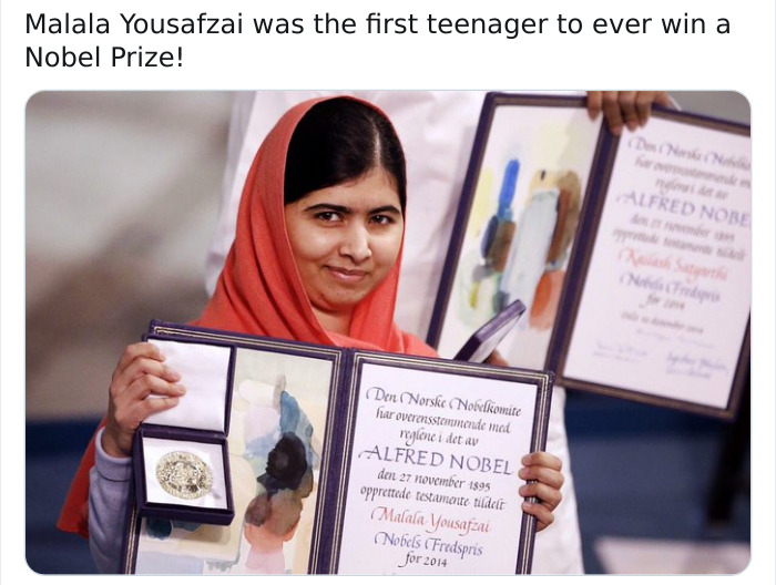 malala receiving the nobel peace prize - Malala Yousafzai was the first teenager to ever win a Nobel Prize! Alfred Nobe Den Norske Novelkomite har overensstemmende med reglene i det av Alfred Nobel den opprettede testamente tildelt Malala Yousafzai Nobels