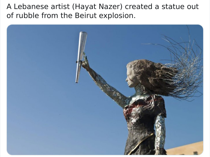 hayat nazer sculpture - A Lebanese artist Hayat Nazer created a statue out of rubble from the Beirut explosion.