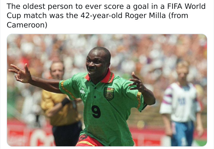 roger milla 2020 - The oldest person to ever score a goal in a Fifa World Cup match was the 42yearold Roger Milla from Cameroon 9