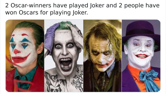 joker - 2 Oscarwinners have played Joker and 2 people have won Oscars for playing Joker.