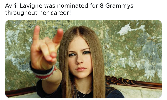 avril lavigne sk8er - Avril Lavigne was nominated for 8 Grammys throughout her career!