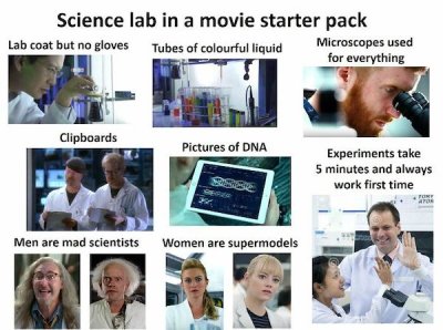 science lab in a movie starter pack - Science lab in a movie starter pack Lab coat but no gloves Tubes of colourful liquid Microscopes used for everything Clipboards Pictures of Dna Experiments take 5 minutes and always work first time Tore Men are mad sc