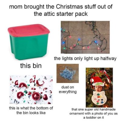 plastic - mom brought the Christmas stuff out of the attic starter pack the lights only light up halfway this bin But dust on everything this is what the bottom of the bin looks that one super old handmade ornament with a photo of you as a toddler on it