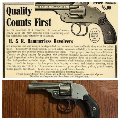 first health - Price Niekel H.R. 38 Hammerless. $6.00 Quality Counts First Brauer allar in the selection of a revolver. In case of emer gency your life may depend upon its accuracy and Gress the quickness and certainty of its action. H. & R. Hammerless Re