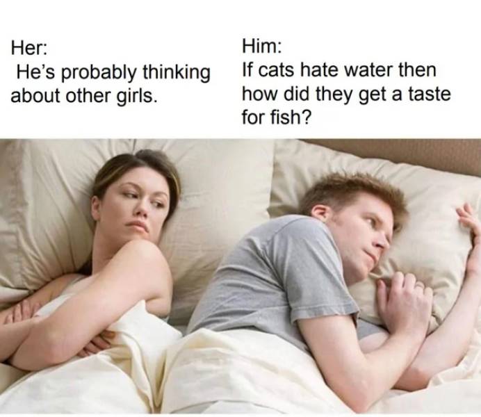 him thinking her thinking - Her He's probably thinking about other girls. Him If cats hate water then how did they get a taste for fish?