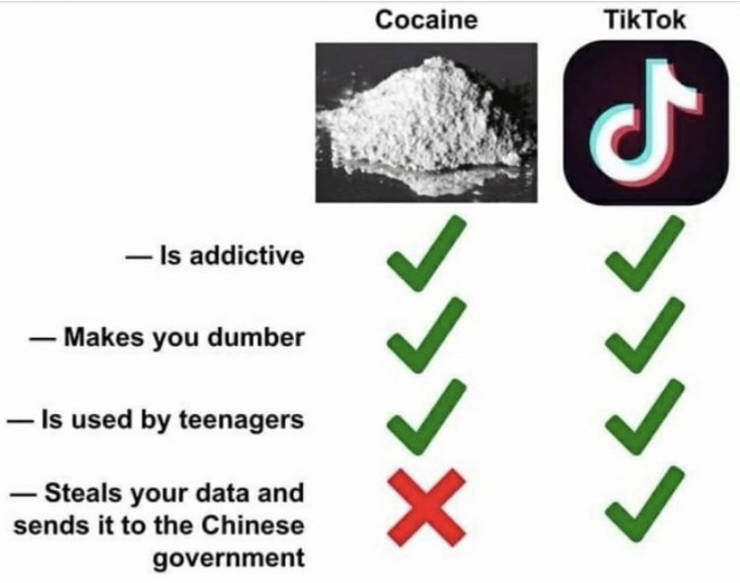Cocaine - Cocaine Tik Tok Is addictive >>>> Makes you dumber Is used by teenagers Steals your data and sends it to the Chinese government