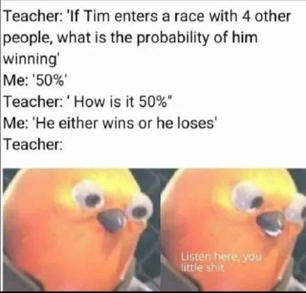 listen here you little sh ** meme - Teacher 'If Tim enters a race with 4 other people, what is the probability of him winning' Me '50% Teacher 'How is it 50%" Me 'He either wins or he loses' Teacher Listen here, you little shit