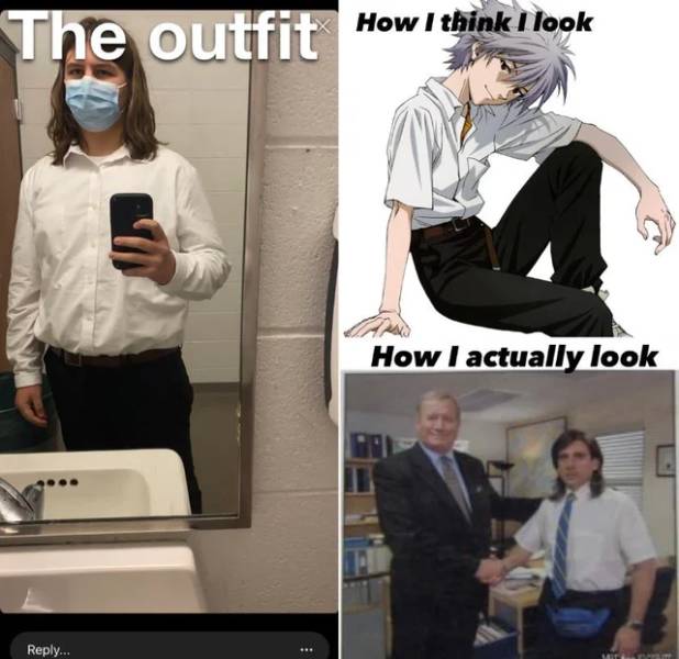office handshake meme - The outfit How I think I look How I actually look ...