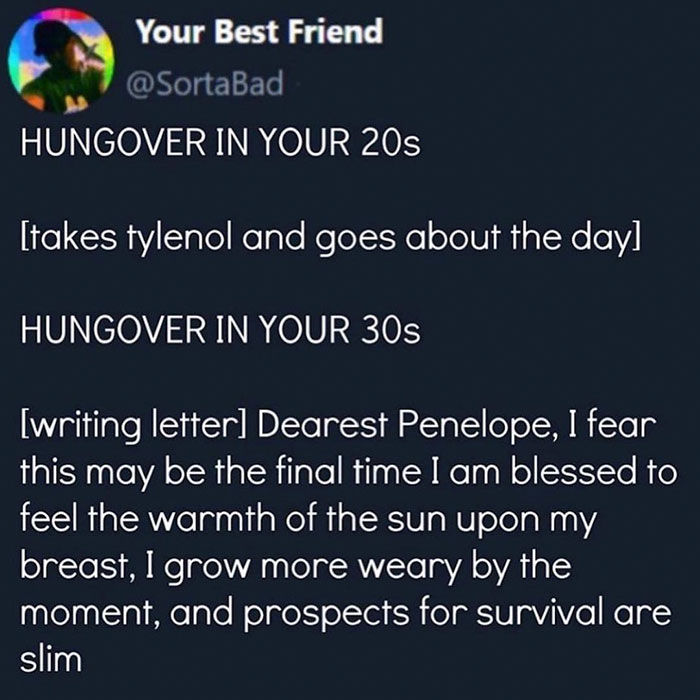 presentation - Your Best Friend Hungover In Your 20s takes tylenol and goes about the day Hungover In Your 30s writing letter Dearest Penelope, I fear this may be the final time I am blessed to feel the warmth of the sun upon my breast, I grow more weary 