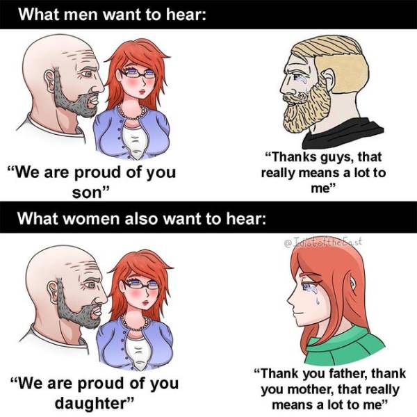 cartoon - What men want to hear "Thanks guys, that "We are proud of you really means a lot to son" me" What women also want to hear "We are proud of you daughter" "Thank you father, thank you mother, that really means a lot to me"