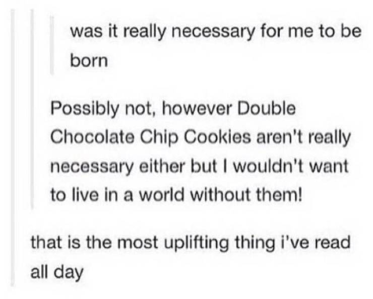 paper - was it really necessary for me to be born Possibly not, however Double Chocolate Chip Cookies aren't really necessary either but I wouldn't want to live in a world without them! that is the most uplifting thing i've read all day