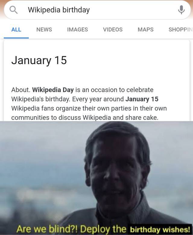 Birthday - Wikipedia birthday All News Images Videos Maps Shoppin January 15 About Wikipedia Day is an occasion to celebrate Wikipedia's birthday. Every year around January 15 Wikipedia fans organize their own parties in their own communities to discuss W