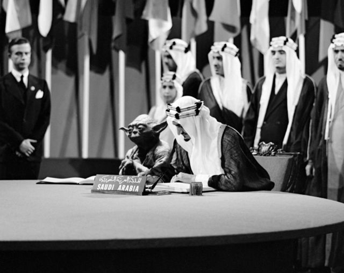 Saudi Arabia accidentally printed thousands of textbooks containing an image of Yoda sitting next to King Faisal while he signed the 1945 UN charter.