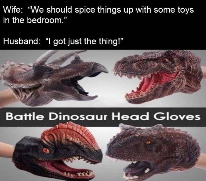 funny pics and memes - battle dinosaur head gloves meme - Wife We should spice things up with some toys in the bedroom." Husband got just the thing!" Battle Dinosaur Head Gloves