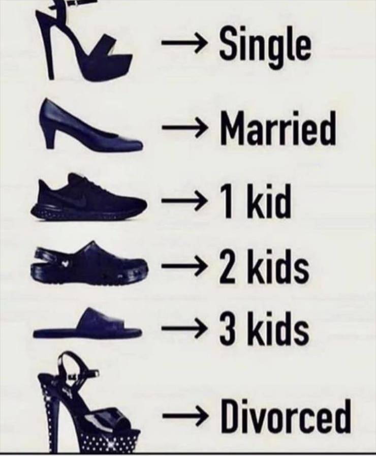 funny pics and memes - shoes single married - Single Married 1 kid 2 kids 3 kids Divorced
