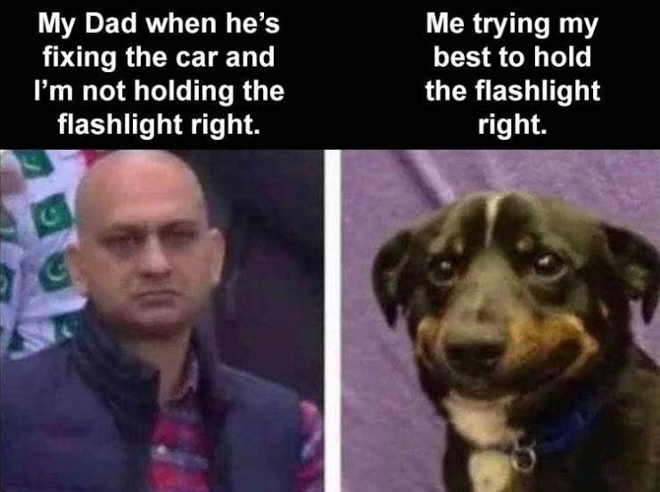 funny pics and memes - hold flashlight for dad meme - My Dad when he's fixing the car and I'm not holding the flashlight right. Me trying my best to hold the flashlight right.