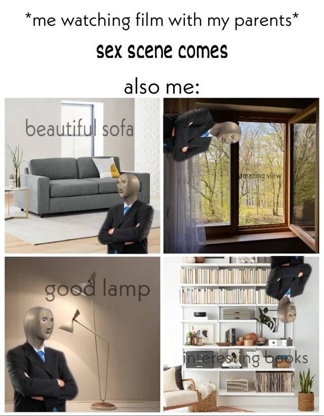funny pics and memes - interior design - me watching film with my parents sex scene comes also me beautiful sofa amazing view good lamp nteresting books