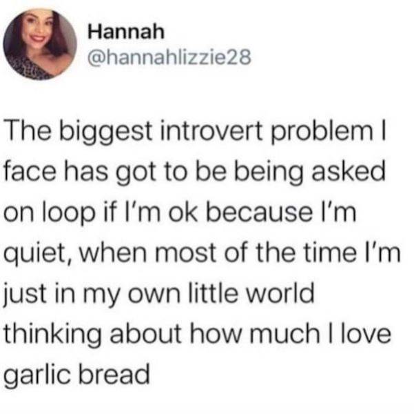 mental breakdown college stress meme - Hannah The biggest introvert problemi face has got to be being asked on loop if I'm ok because I'm quiet, when most of the time I'm just in my own little world thinking about how much I love garlic bread