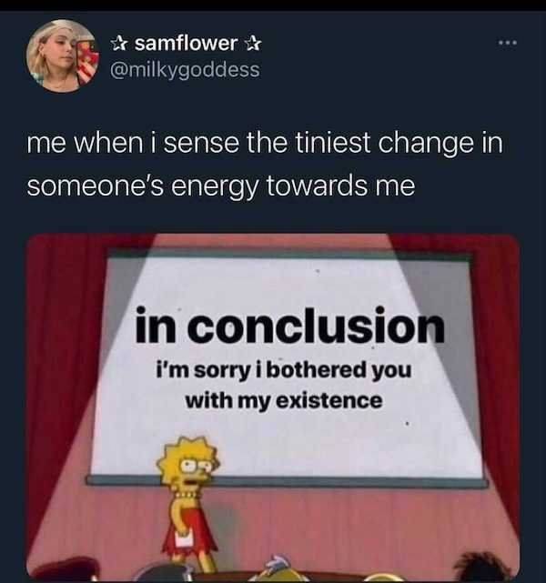 quality memes - samflower me when i sense the tiniest change in someone's energy towards me in conclusion i'm sorry i bothered you with my existence