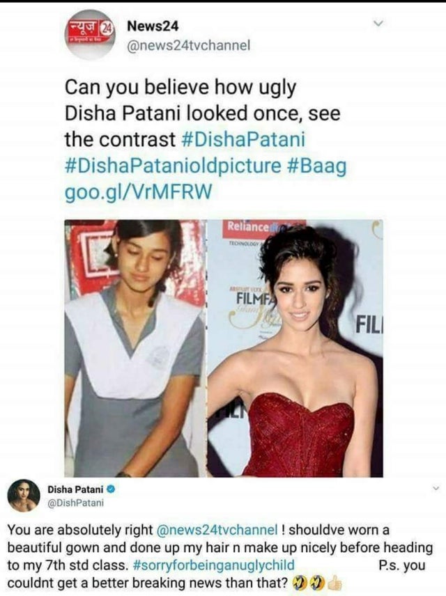 disha patani ugly - Fr 24 News24 Can you believe how ugly Disha Patani looked once, see the contrast Patani goo.glVrMFRW Reliance Toolson Filmfa Fili Disha Patani You are absolutely right ! shouldve worn a beautiful gown and done up my hair n make up nice