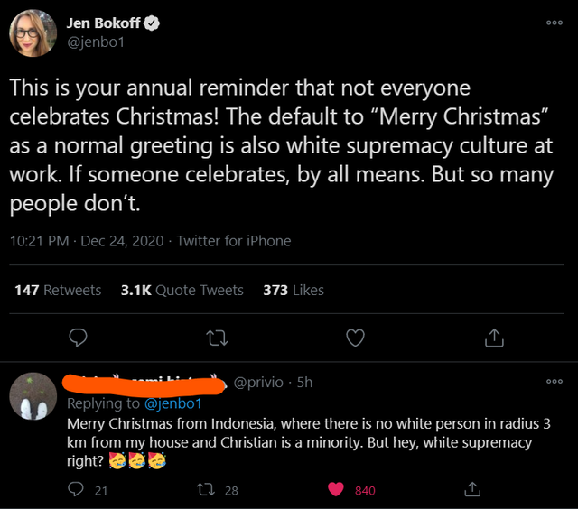 dont want to be horny anymore - 000 Jen Bokoff This is your annual reminder that not everyone celebrates Christmas! The default to Merry Christmas" as a normal greeting is also white supremacy culture at work. If someone celebrates, by all means. But so m
