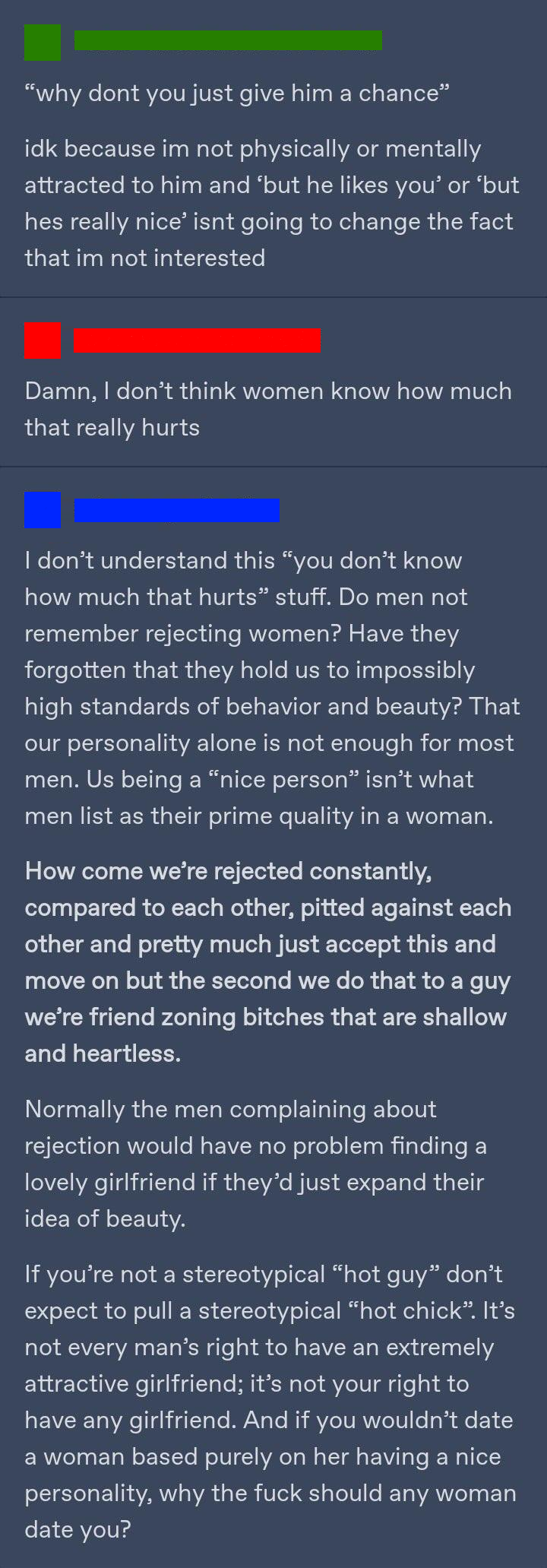screenshot - "why dont you just give him a chance idk because Im not physically or mentally attracted to him and but he you or but has really nice isnt going to change the fact that im not interested Damn, I don't think women know how much that really hur