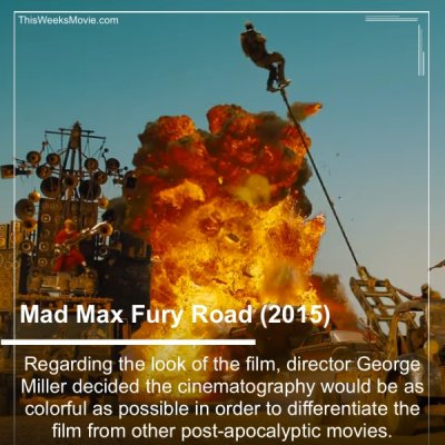 mad max fury road shots - ThisWeeks Movie.com Mad Max Fury Road 2015 Regarding the look of the film, director George Miller decided the cinematography would be as colorful as possible in order to differentiate the film from other postapocalyptic movies.