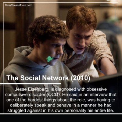 social network 2010 - ThisWeeks Movie.com The Social Network 2010 Jesse Eisenberg, is diagnosed with obsessive compulsive disorder Ocd. He said in an interview that one of the hardest things about the role, was having to deliberately speak and behave in a