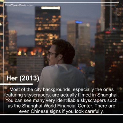 her movie aesthetic - This Weeks Movie.com Her 2013 Most of the city backgrounds, especially the ones featuring skyscrapers, are actually filmed in Shanghai. You can see many very identifiable skyscrapers such as the Shanghai World Financial Center. There